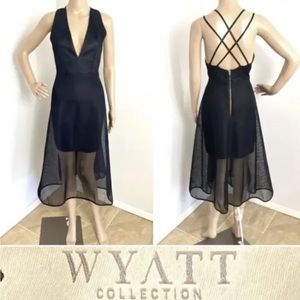 WYATT COLLECTION Black Mesh Overlay Deep Vee Midi Dress Size 8